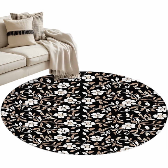 Black White Floral 3ft Area Rug, Farmhouse Vintage Botanical Leaves Washable Non-Slip Small Round Rugs for Entryway Bedroom Kitchen, Soft Circle Carpet for Dining Room, Playroom Nursery Rug
