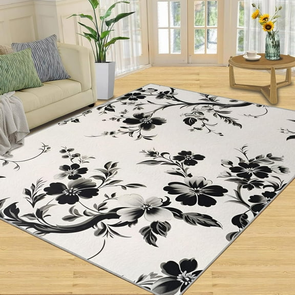 Black White Floral Area Rug Vintage Flower Pattern Bedroom Rug, Rustic Floral Living Room Rug, Indoor Non-Slip Rugs For Front Entrance Floor Decor 5x6ft