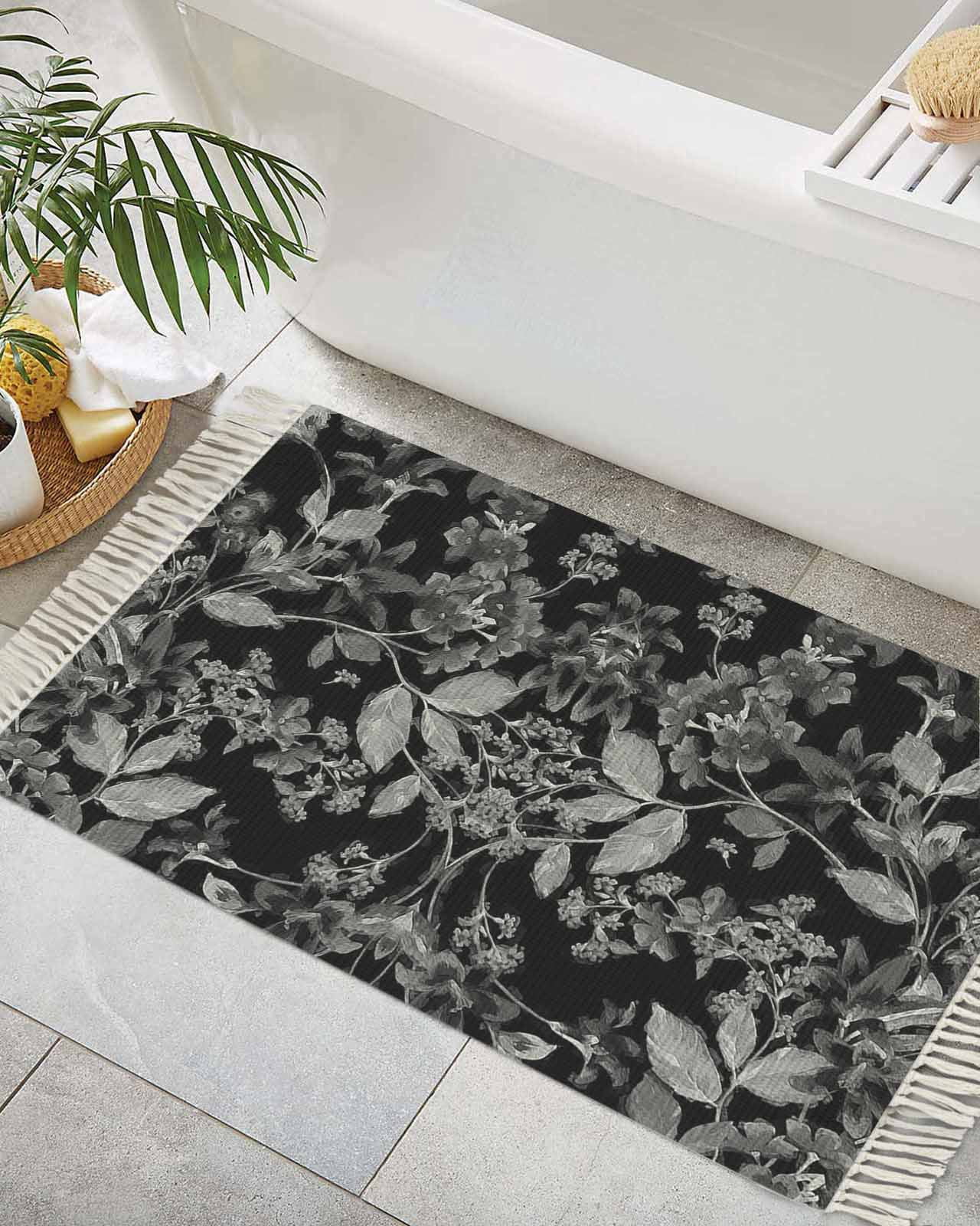 Black and White Floral Bath Rug 2x3ft Woven Bathroom Entryway Runner ...