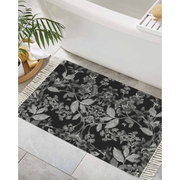 Black and White Floral Bath Rug 2x3ft Woven Bathroom Entryway Runner Rug,Modern Oil Painting Abstract Art Washable Living Room Hallway Bedroom Kitchen Carpet with Tassels,Indoor Outdoor Doormat