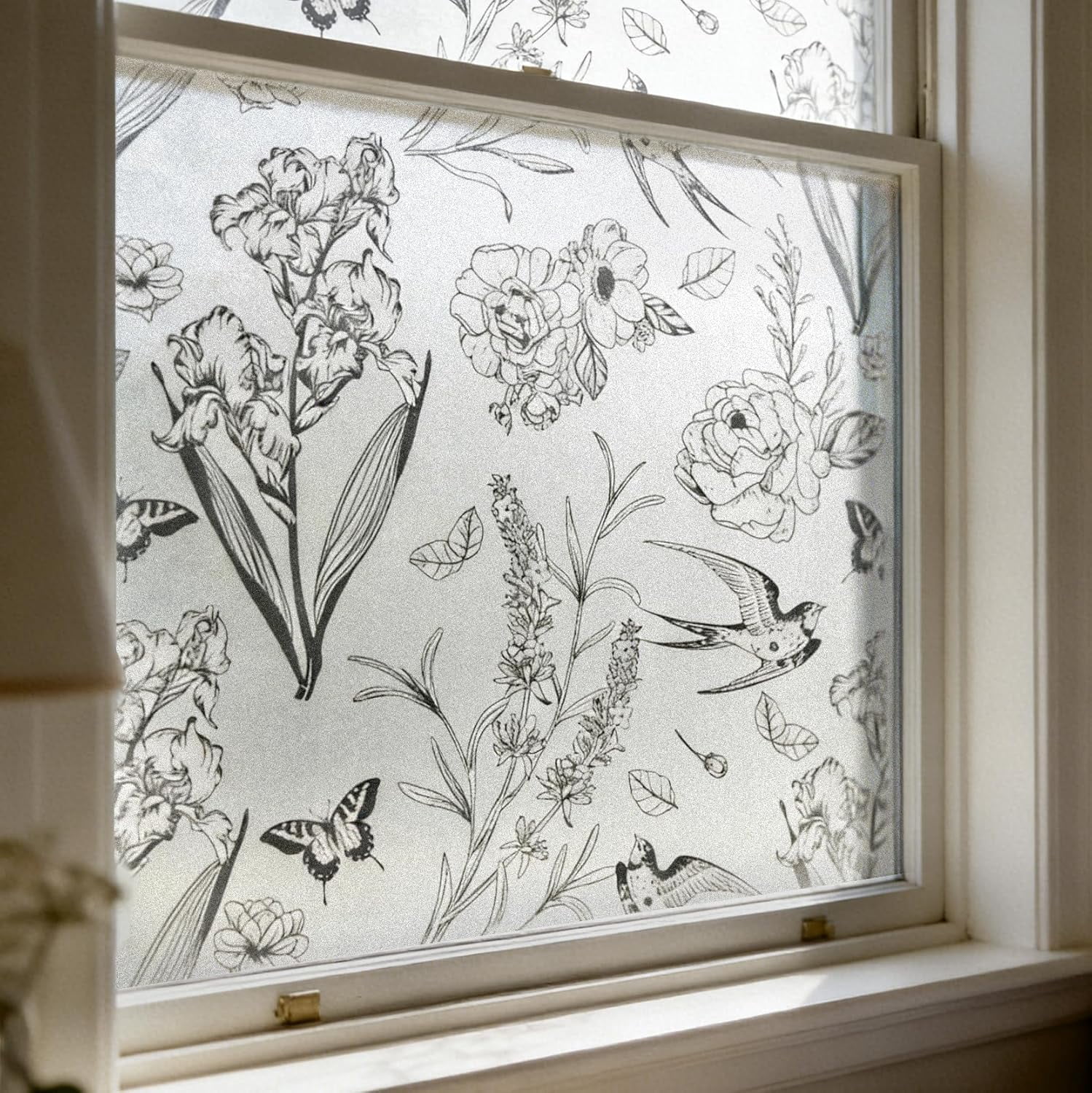 Window Sticky Frame Black White Floral Bird Static Cling Window Film, Frosted Privacy ...
