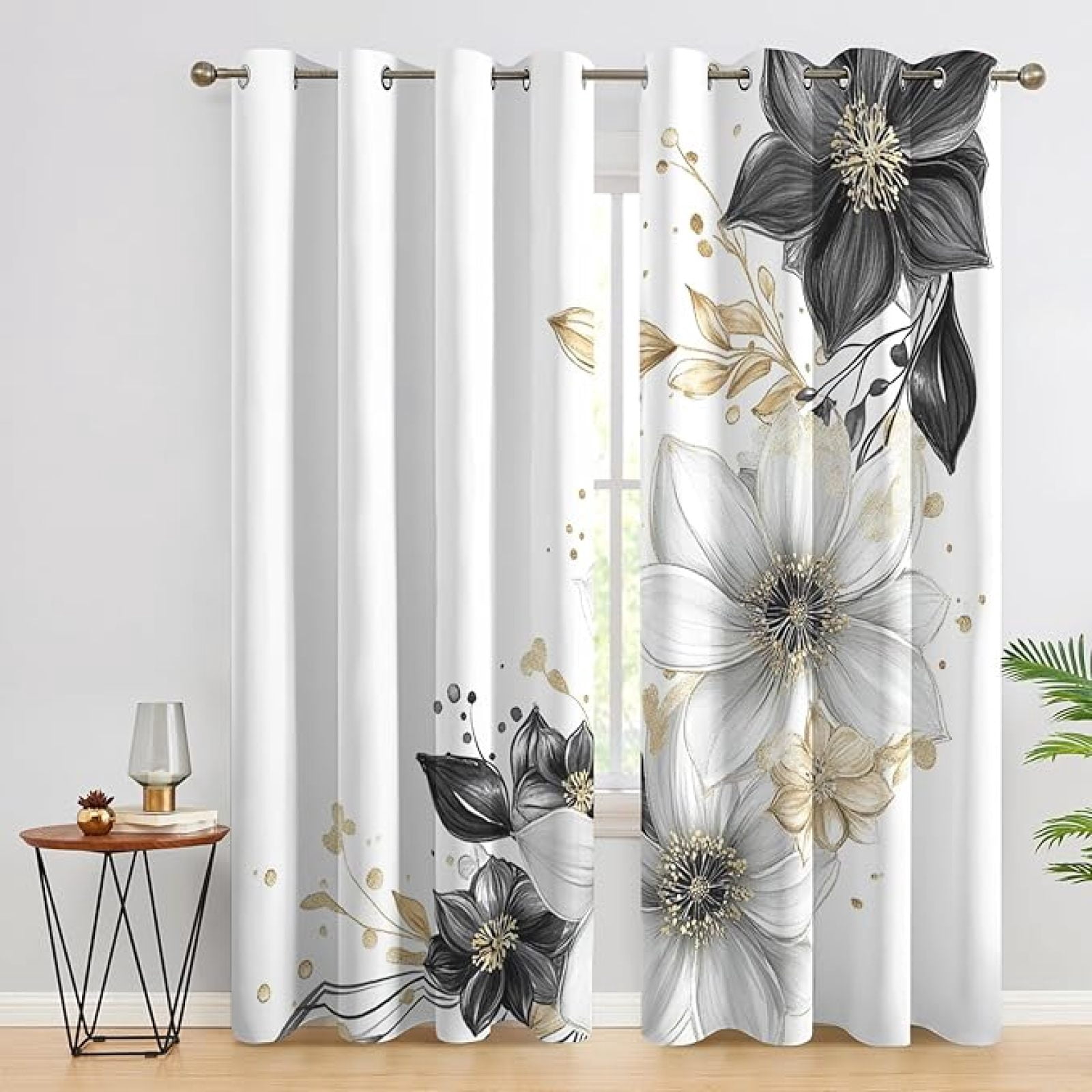 Black And White Floral Blackout Curtains, Rustic Farmhouse Window