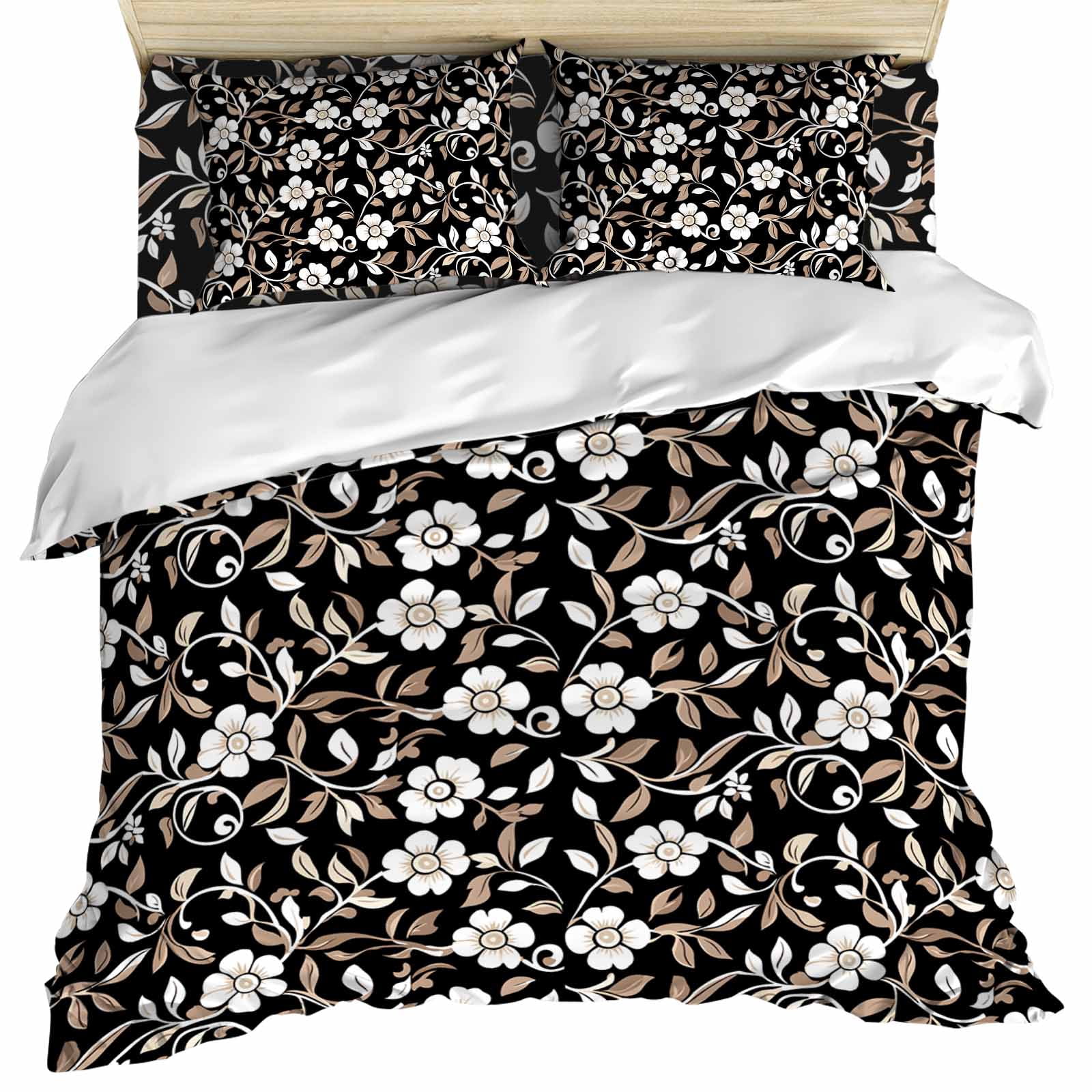 Black White Floral Duvet Cover Set, Farmhouse Vintage Botanical Leaves Soft Duvet Cover California King Bedding Set 4 Pieces, 1 Quiltcover and 2 Pillowcases with Zipper, 1 Bed Sheet for All Seasons