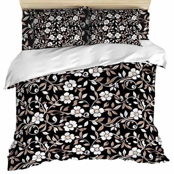 Black White Floral Duvet Cover Set, Farmhouse Vintage Botanical Leaves Soft Duvet Cover California King Bedding Set 4 Pieces, 1 Quiltcover and 2 Pillowcases with Zipper, 1 Bed Sheet for All Seasons