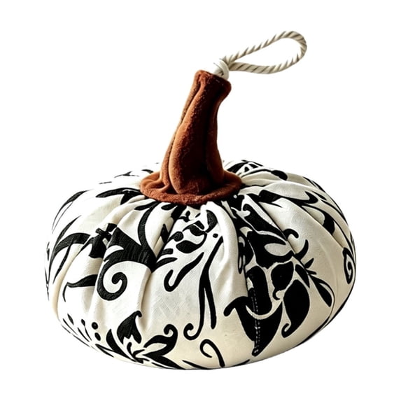 Black White Floral Fabric Pumpkin Ornament, Stuffed Cloth Pumpkin Tabletop Decor, Farmhouse Indoor Decorative Pumpkin for Halloween Thanksgiving Shelf Mantel Home Display
