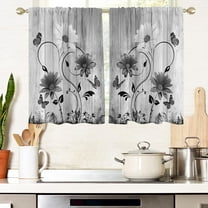 Black and White Floral Flower Window Curtains for Kitchen Abstract Gray Grey Leaf Small Short Home Living Room Bedroom Bathroom Drapes Treatment Tiers Fabric 1 Pair, 27.5" W x 39" L, Pretty