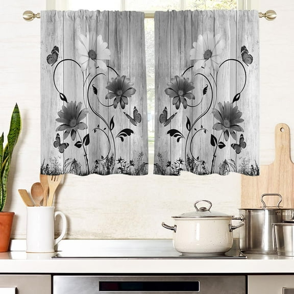 Black and White Floral Flower Window Curtains for Kitchen Abstract Gray Grey Leaf Small Short Home Living Room Bedroom Bathroom Drapes Treatment Tiers Fabric 1 Pair, 27.5" W x 39" L, Pretty