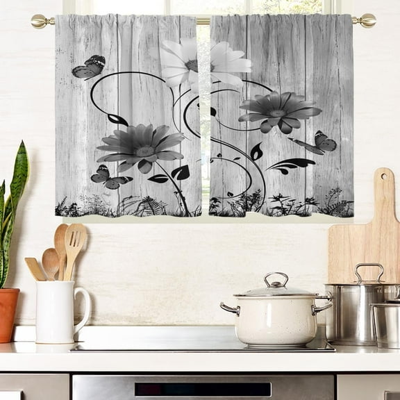 Black and White Floral Flower Window Curtains for Kitchen Abstract Gray Grey Leaf Small Short Home Living Room Bedroom Bathroom Drapes Treatment Tiers Fabric 1 Pair, 27.5" W x 36" L, Pretty