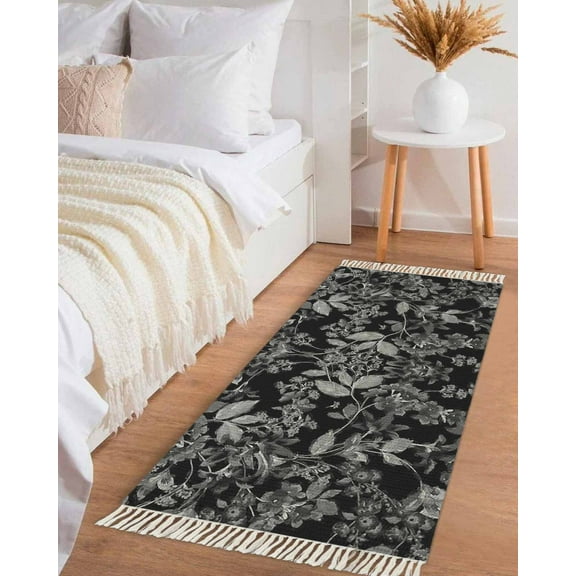 Black and White Floral Hallway Runner Rug 2x6ft,Modern Oil Painting Abstract Art Washable Woven Living Room Bedroom Kitchen Bathrom Carpet with Tassels,Indoor Outdoor Throw Door Mat for Entryway