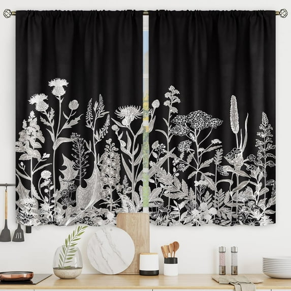 Black White Floral Kitchen Curtains Pencil Sketch Plants Rod Pocket Farmhouse Botanical Wildflower Leaves Natural Rustic Vintage Bedroom Living Room Treatment Fabric 2 Panels 27.5Wx39H Inch