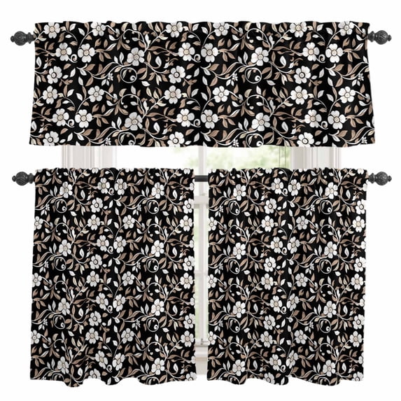 Black White Floral Kitchen Curtains Sets for Windows 36 Inch Length, Farmhouse Vintage Botanical Leaves Rod Pocket Window Treatments Tier Curtains and Valances Set for Bedroom/Bathroom