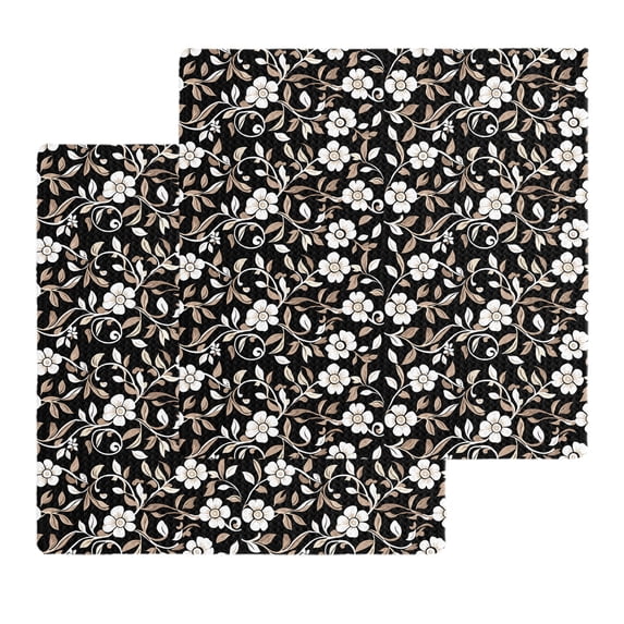 Black White Floral Kitchen Dish Towels for Drying Dishes Set of 2, Farmhouse Vintage Botanical Leaves Waffle Weave Microfiber Hand Tea Bathroom Towels Quick Dry & Absorbent Towel 12x12