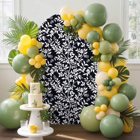 Black White Floral Leaves Arch Backdrop Cover, 5FT, Leaf Branch Plant Spandex Arch Covers Double-Sided Backdrop for Wedding Birthday Party Photo Background Decoration