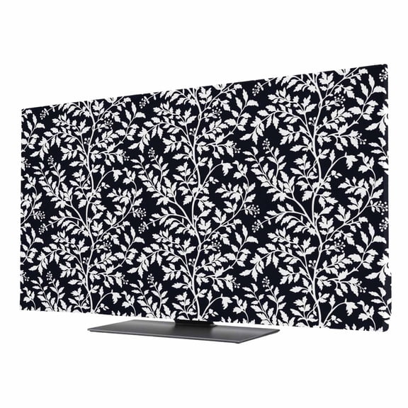 Black White Floral Leaves TV Dust Cover 24 Inch, Leaf Branch Plant Computer Monitor Cover Dustproof Stretchable Indoor TV Screen Protector for LED LCD Universal Monitors