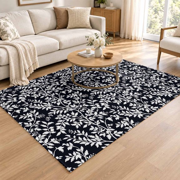 Black White Floral Leaves Washable Area Rug 4'x6', Leaf Branch Plant Soft Low Pile Area Rug for Bedroom, Lighweight Entryway Rug, Stain Resistants Indoor Floor Mat for Living Room,Kitchen, Home Decor