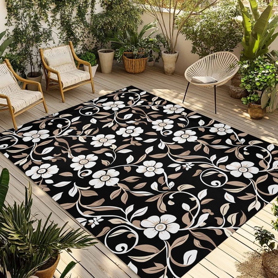 Black White Floral Outdoor Rug 3x5 Ft - Reversible Patio Rug Outdoor Camping Rugs, Farmhouse Vintage Botanical Leaves Washable Indoor Outdoor Area Rugs, Non-Slip Outdoor Carpet Runner for Deck/Porch