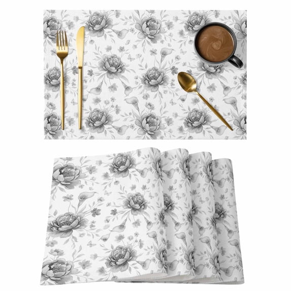 Black White Floral Placemats Set of 1, Watercolors Vintage Flowers Leaves Botanical Non-Slip Place Mats Washable Table Mats for Kitchen Dining Table Decorations Indoor/Outdoor