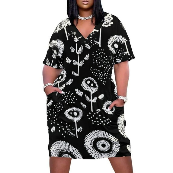 Black White Floral Seamless Pattern Summer Sundress for Curve Women Casual Pattern Plus Size V Neck Short Sleeve Loose Fit Oversize Dresses