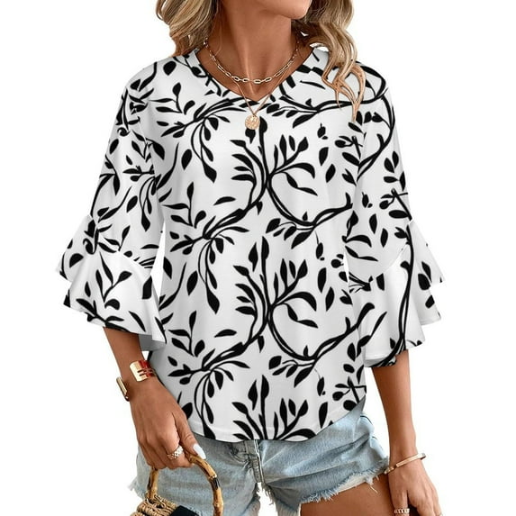 Black White Floral Seamless Pattern Women's V-Neck Blouse With 3/4 Ruffled Bell Sleeves Casual Top Ladies Blouses