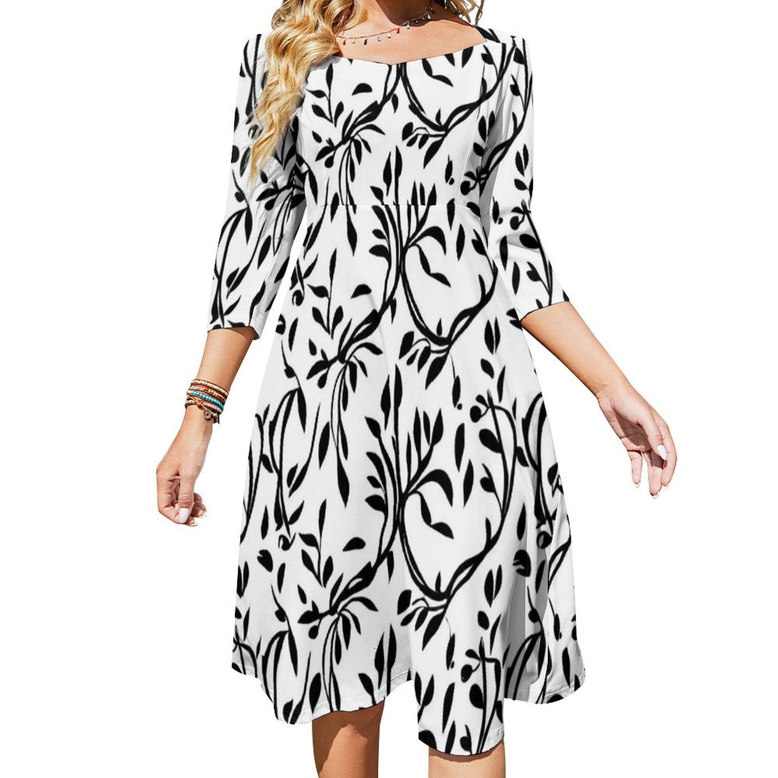 7200030 Black-White Floral Flare Dress main image 1