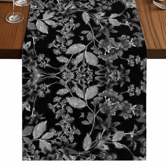 Black and White Floral Short Table Runner 48 Inches Long,Modern Oil Painting Abstract Art Cotton Linen Table Runners Dresser Scarves,Tabletop Scarf Furniture Cover for Home Dinner Party Decor 13"x48"