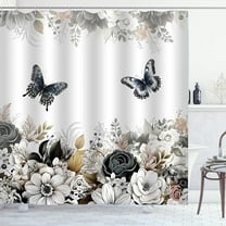 Black White Floral Shower Curtain, Flower Butterfly Shower Curtains for Bathroom Grey Floral Leaf Waterproof Fabric Bathroom Curtains with Plastic Hooks-72"W x 72"L (Pack of 1)