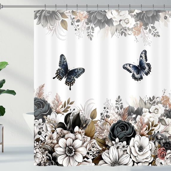 Black White Floral Shower Curtain Flower Butterfly Shower Curtains with Metal Hooks Vintage Rustic Dark Floral Leaf Plant Bathroom Curtain 72×72 Inch Waterproof Fabric Bath Curtain for Bathroom Decor