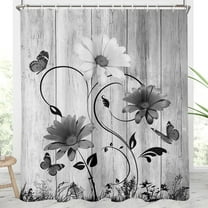 Black and White Floral Shower Curtain Grey Flower Rustic Vintage Butterfly Leaves Botanical Plant Extra Long 84 XL Large Home Bathroom Decor Bathtub Set with 12 Hooks, 72x84, Wooden