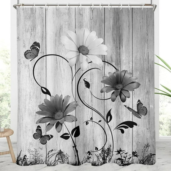 Black and White Floral Shower Curtain Grey Flower Rustic Vintage Butterfly Leaves Botanical Plant Extra Long 84 XL Large Home Bathroom Decor Bathtub Set with 12 Hooks, 72x84, Wooden