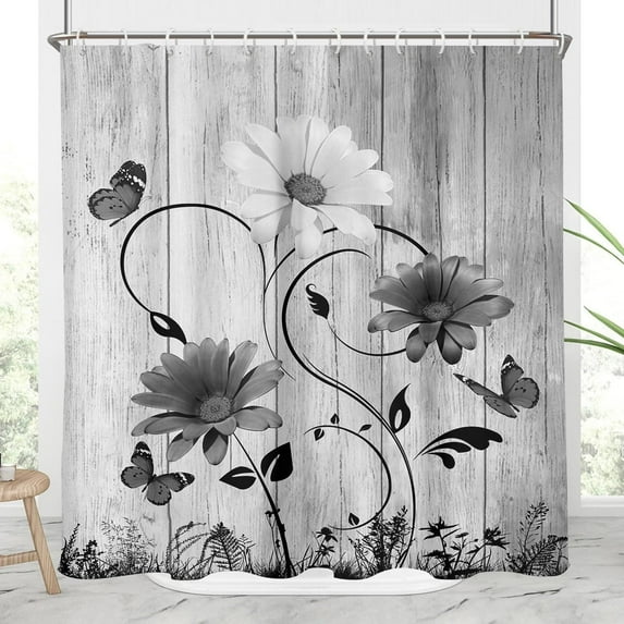 Black and White Floral Shower Curtain Long Wide Large Standard Grey Gray Flower Rustic Vintage Butterfly Plant Leaves Home Bathroom Decor Bathtub Set with 12 Hooks, 72x72, Wooden