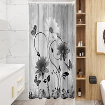 Black and White Floral Shower Curtain Stall Small Half Harrow Single Travels Grey Gray Flower Rustic Vintage Butterfly Home Bathroom Decor Bathtub Set with 7 Hooks, 36x72, Wooden