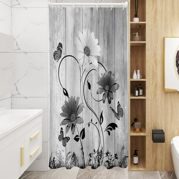 Black and White Floral Shower Curtain Stall Small Half Harrow Single Travels Grey Gray Flower Rustic Vintage Butterfly Home Bathroom Decor Bathtub Set with 7 Hooks, 36x72, Wooden