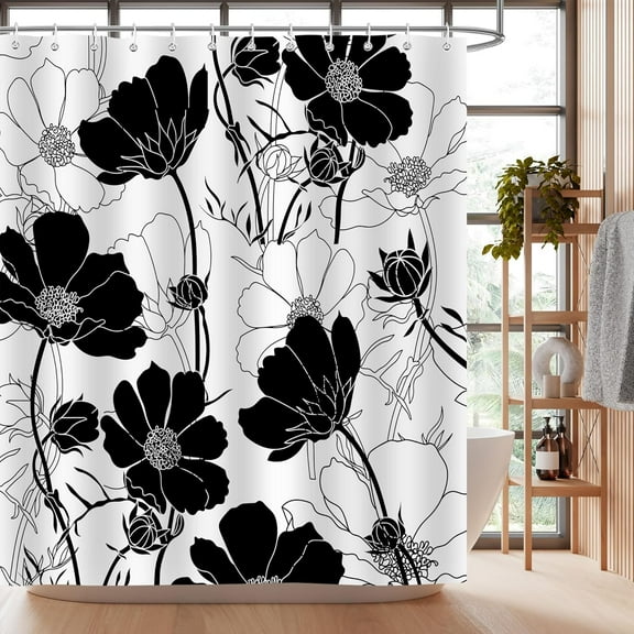 Black and White Floral Shower Curtains, Garden Flowers Aesthetic Bathroom Decor Shower Curtain Sets, Waterproof Polyester Fabric Bath Curtain with Hooks 72" x 72"