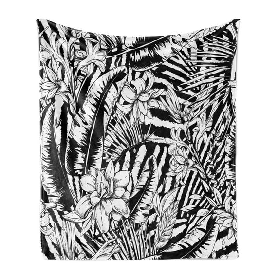 Black and White Floral Soft Flannel Fleece Blanket, Tropical Monochrome Art Graphic with Jungle Flowers and Leaves, Cozy Plush for Indoor and Outdoor Use, 50" x 70", Black and White, by Ambesonne
