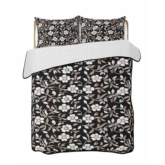 Black White Floral Summer Quilt Set Full Size,Soft Microfiber Quilted Bedding Set with 2 Pillow Shams,Farmhouse Vintage Botanical Leaves Lightweight All Season Bedspread Coverlet for Bedroom 78"x90"
