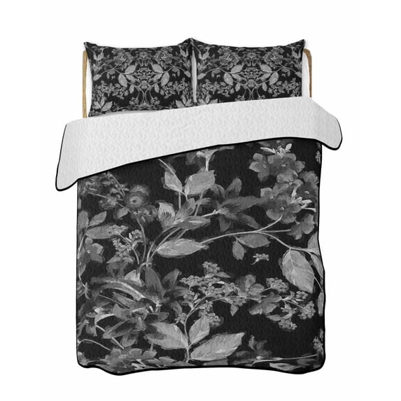 Black and White Floral Summer Quilt Set Twin Size,Soft Quilted Bedding Set with 2 Pillow Shams,Modern Oil Painting Abstract Art Lightweight All Season Bedspread Coverlet for Bedroom 68"x86"