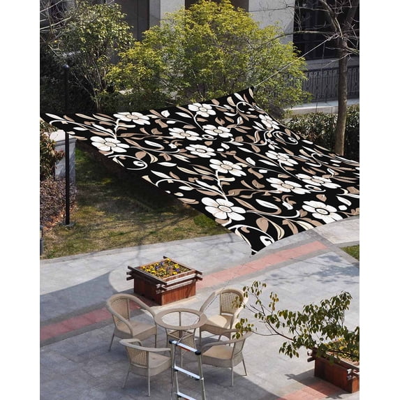 Black White Floral Sun Shade Sail 6.5'x10' Rectangle Outdoor Shade Canopy, Farmhouse Vintage Botanical Leaves Porch Shades Outdoor Sun Blocking Screen, Sunshade Cloth Covers for Patio/Deck/Garden