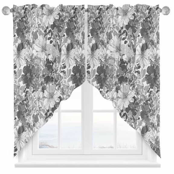Black White Floral Swag Kitchen Curtain Valances, Spring Black White Wildflowers Leaves Plant Rod Pocket Curtains Window Treatment Decor Valances for Bedroom Bathroom, 2 Panels 28 x 36 Inch
