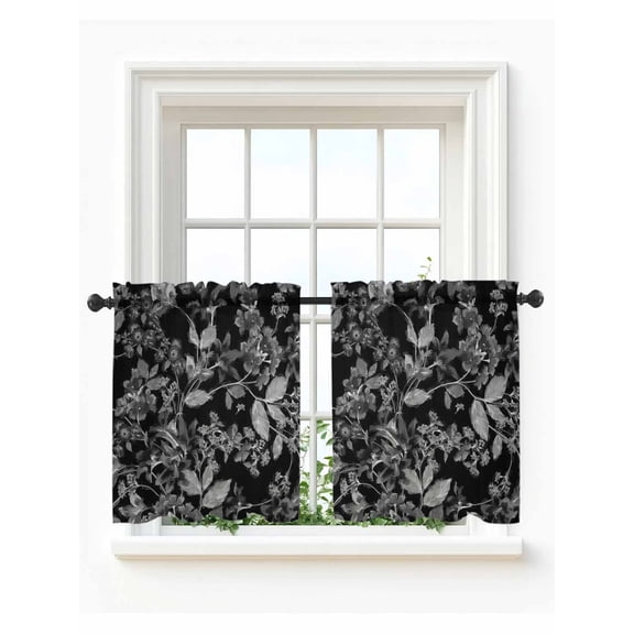 Black and White Floral Tier Curtains 36 Inch Length,Sheer Curtains for Bedroom Living Room Window Modern Oil Painting Abstract Art Voile Drapes Kitchen Curtains Small Half Window 27.5"x36" 2 Panels