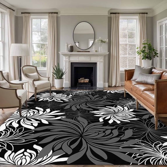 Black White Floral Washable Living Room Rugs 5'x8', Vintage White Black Flower Low Pile Throw Large Area Rug Non-Slip Sturdy Edge Binding Carpet for Living Room Kitchen Office