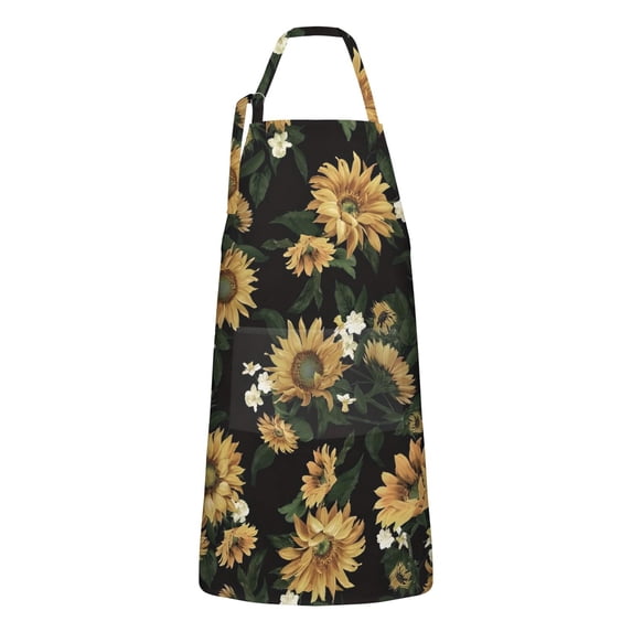 Black White Flower Sunflower Pattern Apron-Garden Aprons for Women with Pockets-Cotton Linen Waterproof Kitchen Cooking Gardening Aprons Adjustable for Kitchen,Cooking,BBQ and Salon 33x27 Inch