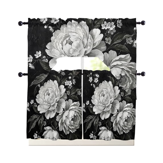 Black White Flowers Kitchen Curtains Set for Windows 3 Piece Cafe Curtains 36 Inch Length Swag Curtains Valances and Tier Set Summer Botanical Spring Vintage Drapes for Bedroom Bathroom Living Room