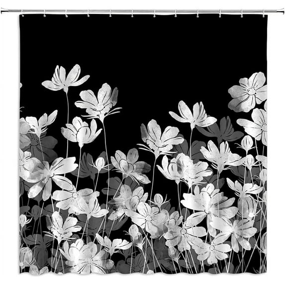 Black and White Flowers Shower Curtain Vintage Rustic Blooming Floral Herbs Abstract Petals Spring Plant Line Shadow Fabric Bathroom Decor Set with Hooks(36" WX70 H)
