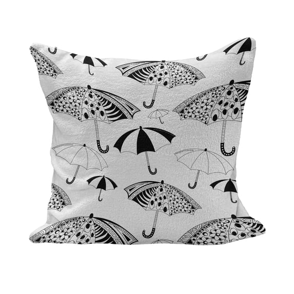 Black and White Fluffy Throw Pillow Cushion Cover, Ornate Umbrella with Minimalist Stripes and Floral Features Art, Decorative Square Accent Pillow Case, 18" x 18", Black White, by Ambesonne