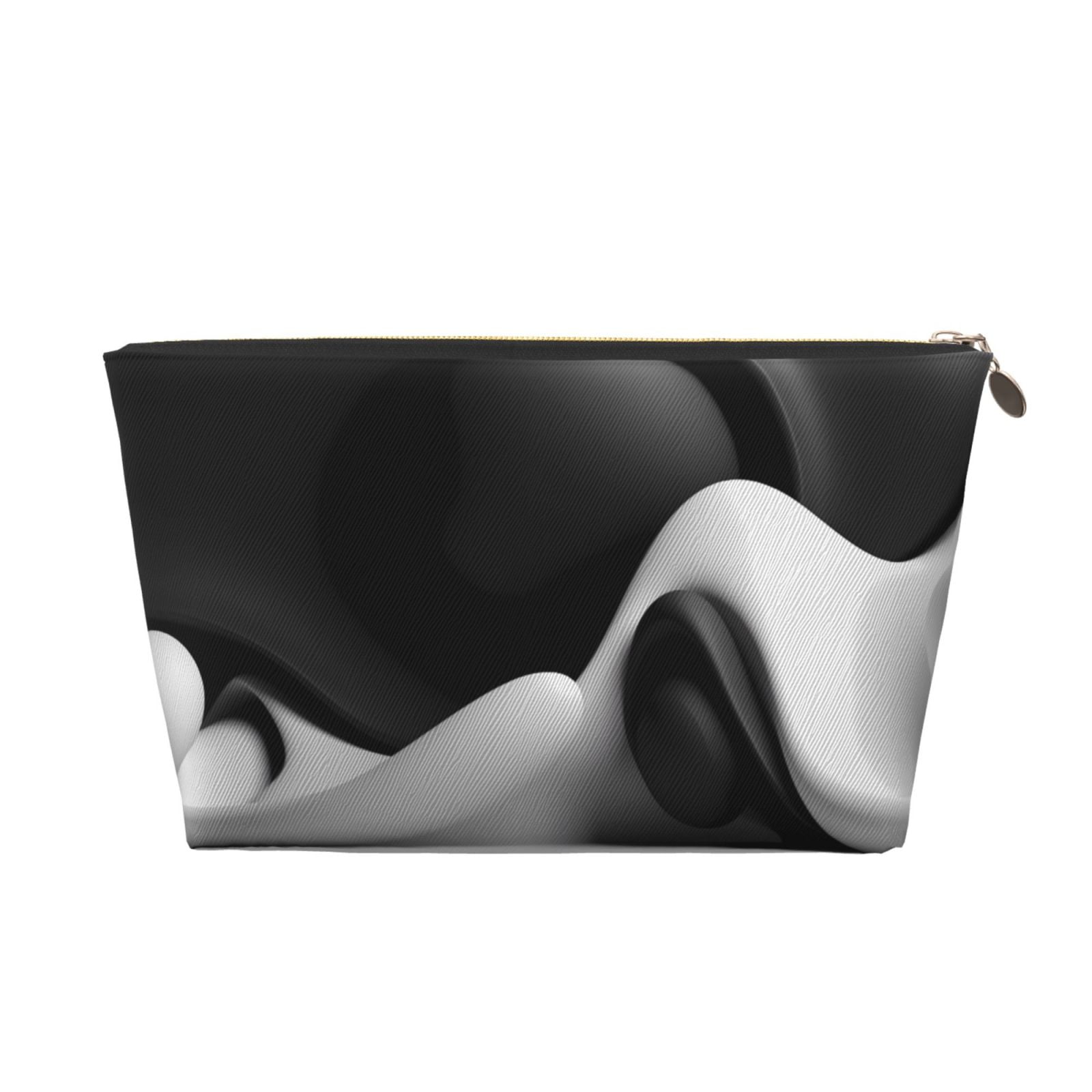 Black White Fluid Sculpture Leather Makeup Bag, Cosmetic Bags Travel