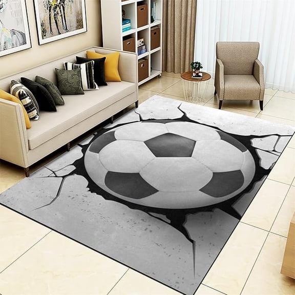Black White Football Area Rugs, Black Ground Crack Kids Rug, Simple Gray Background Boy Bedroom Decoration Carpet, Soft Non-Shedding Non-Slip Rug For Floor Sofa Living Room 1x2ft