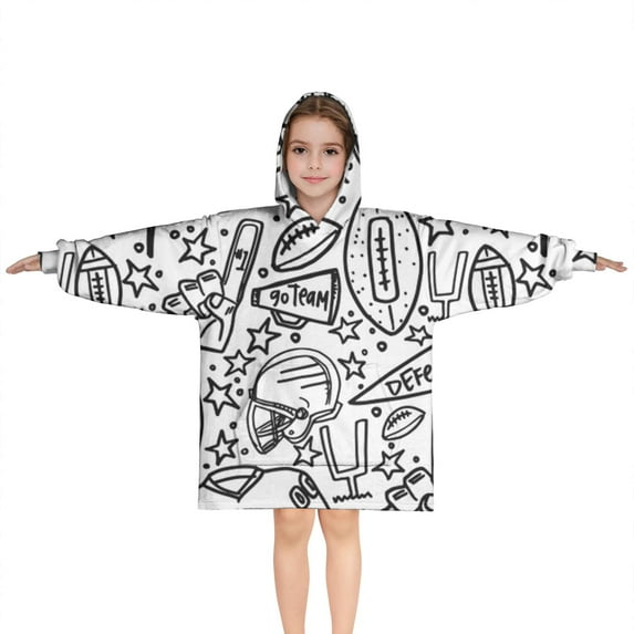 Black White Football Elements Pattern Blanket Hoodies for Kids 6-13YR Oversize Wearable Blanket Hoodies for Boys Girls Teens
