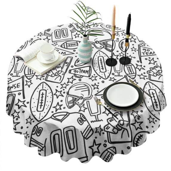 Black White Football Elements Pattern Round Tablecloth 60"x60",Wrinkle Wipeable Table Cloth for Kitchen Dining Room Picnic Patio Party