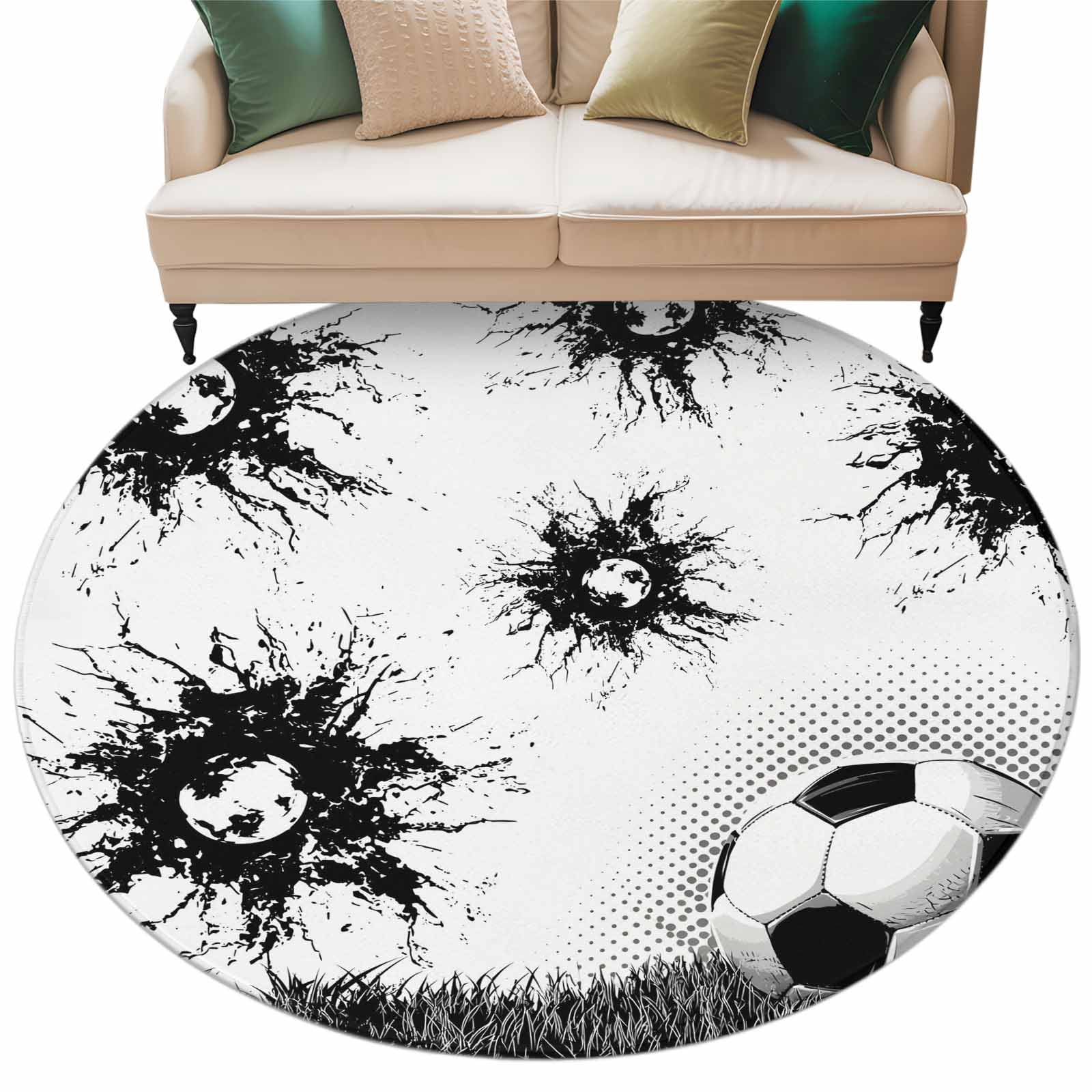 Black White Football Round Rug 8ft Washable Circle Rugs Non Slip ...