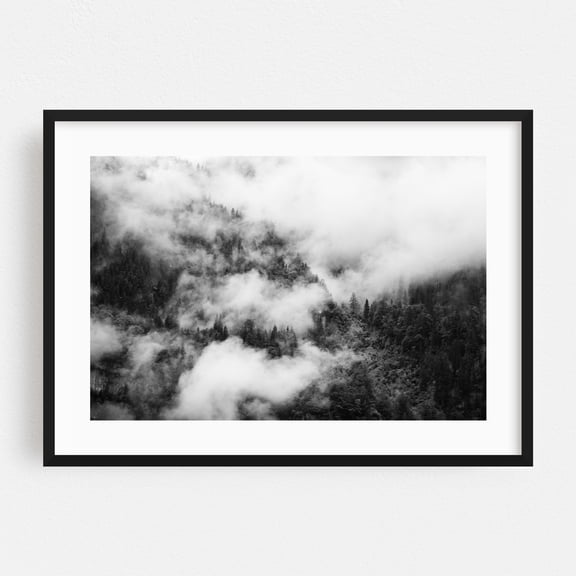 Black and White Forest in the Fog - Photography Black and White Forest Nature Mountain Landscape Scenic Wilderness Black Framed Wall Art Print 24 x 36 inches